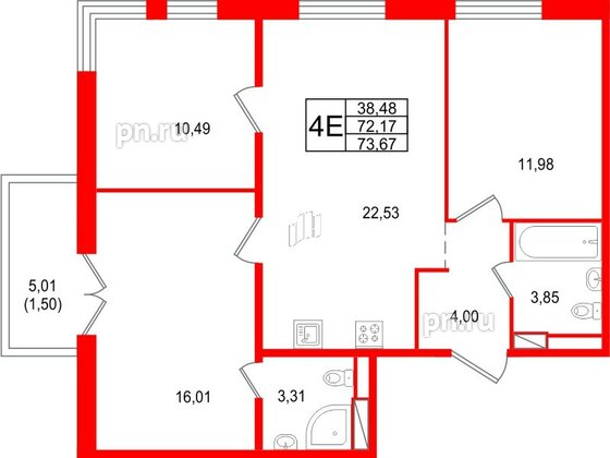 Квартира в ЖК Арт Парк, 3 комнатная, 73.67 м², 4 этаж