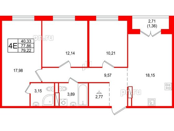 Квартира в ЖК Арт Парк, 3 комнатная, 79.22 м², 2 этаж