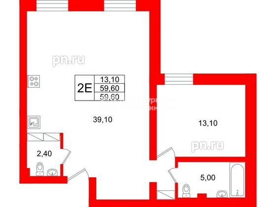 Квартира в ЖК Экос, 2 комнатная, 58.57 м², 1 этаж