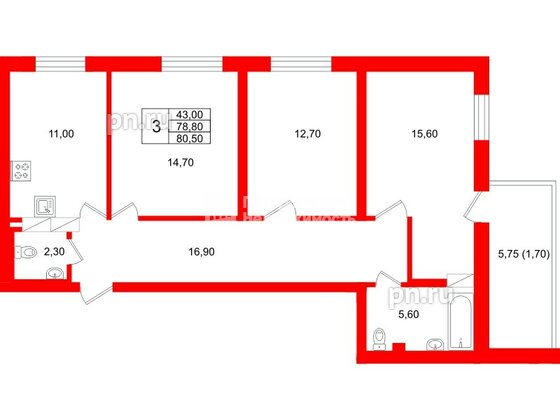Квартира в ЖК «Экос», 3 комнатная, 81.3 м², 19 этаж
