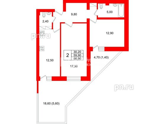 Квартира в ЖК Экос, 2 комнатная, 65.79 м², 1 этаж