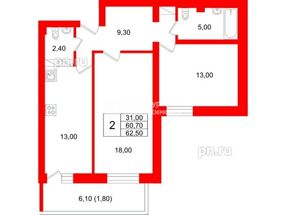 Квартира в ЖК Экос, 2 комнатная, 62.85 м², 16 этаж