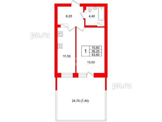 Квартира в ЖК Экос, 1 комнатная, 42.42 м², 1 этаж