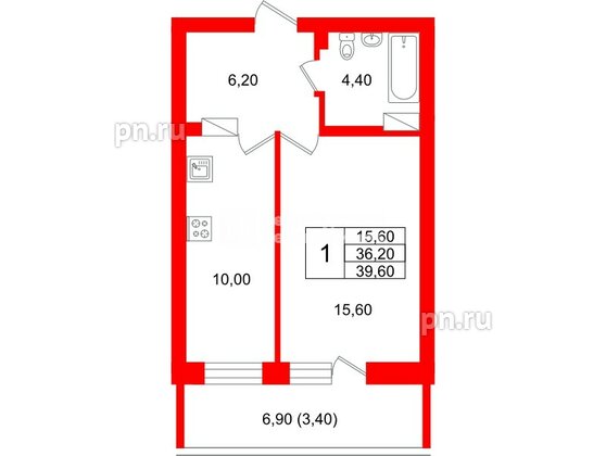 Квартира в ЖК Экос, 1 комнатная, 38.95 м², 10 этаж