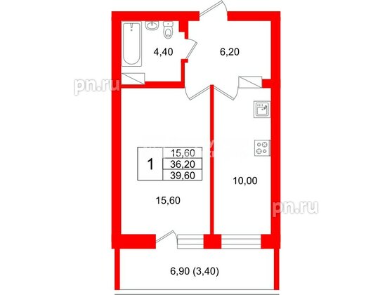 Квартира в ЖК Экос, 1 комнатная, 39.1 м², 9 этаж