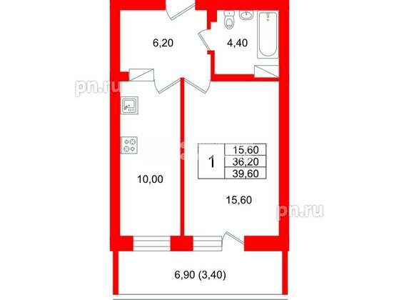 Квартира в ЖК Экос, 1 комнатная, 39.05 м², 14 этаж