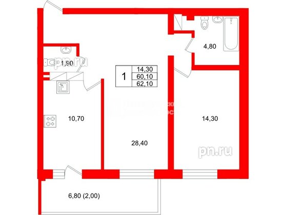 Квартира в ЖК Экос, 1 комнатная, 63.9 м², 2 этаж
