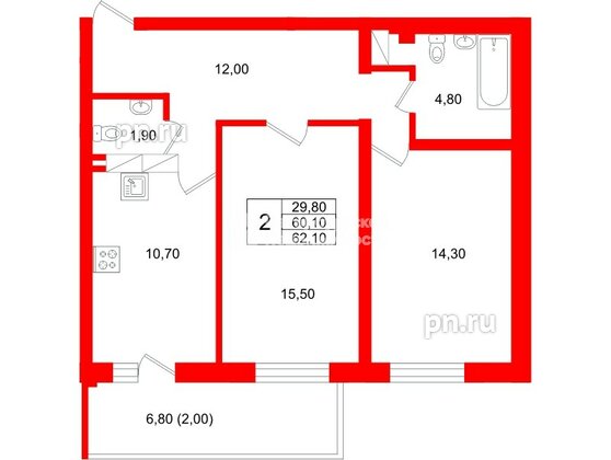 Квартира в ЖК Экос, 2 комнатная, 64.05 м², 11 этаж