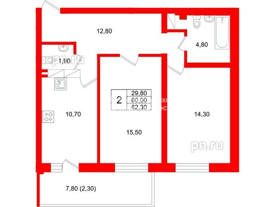 Квартира в ЖК Экос, 2 комнатная, 64.05 м², 15 этаж