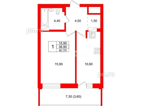 Квартира в ЖК Экос, 1 комнатная, 41.6 м², 3 этаж