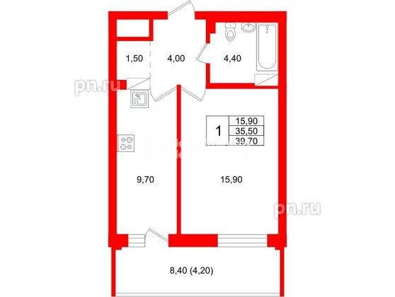 Квартира в ЖК Экос, 1 комнатная, 39.5 м², 17 этаж