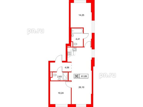 Квартира в ЖК Заречный парк, 2 комнатная, 61.89 м², 1 этаж
