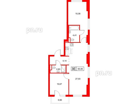 Квартира в ЖК «Заречный парк», 2 комнатная, 65.06 м², 2 этаж