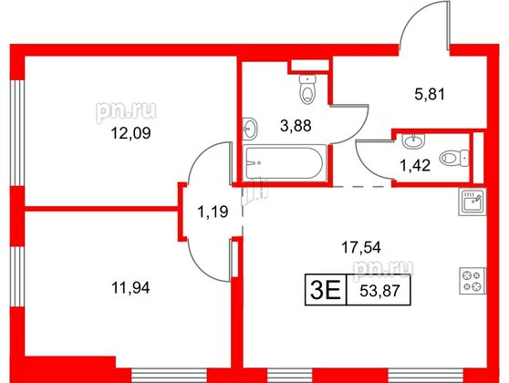 Квартира в ЖК Заречный парк, 2 комнатная, 53.87 м², 16 этаж