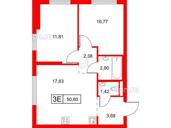 Квартира в ЖК Заречный парк, 2 комнатная, 50.6 м², 12 этаж