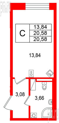Квартира в ЖК Гранат, студия, 20.58 м², 13 этаж