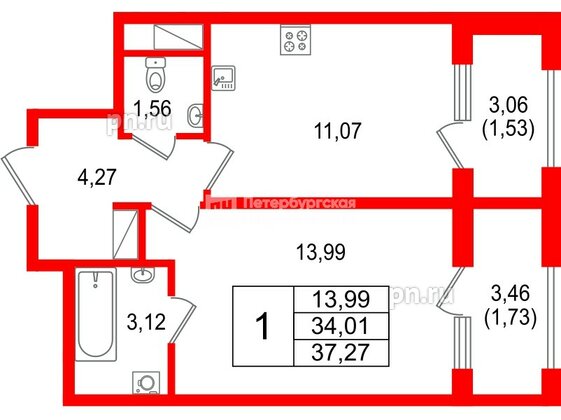 Квартира в ЖК Гранат, 1 комнатная, 37.27 м², 10 этаж