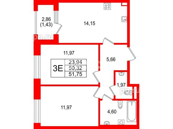 Квартира в ЖК Гранат, 2 комнатная, 51.75 м², 1 этаж