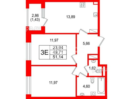 Квартира в ЖК Гранат, 2 комнатная, 51.14 м², 5 этаж