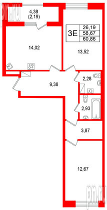 Квартира в ЖК Гранат, 2 комнатная, 60.86 м², 12 этаж