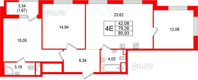 Квартира в ЖК Гранат, 3 комнатная, 80.93 м², 9 этаж