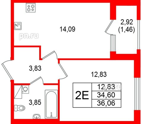 Квартира в ЖК «Гранат», 1 комнатная, 36.06 м², 9 этаж