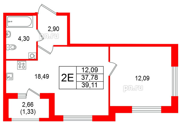 Квартира в ЖК Гранат, 1 комнатная, 39.11 м², 1 этаж