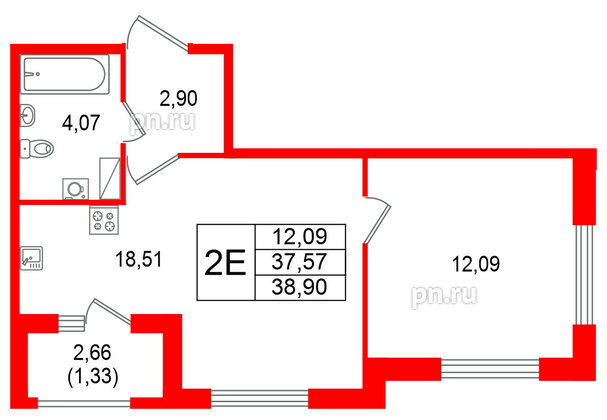 Квартира в ЖК Гранат, 1 комнатная, 38.9 м², 8 этаж