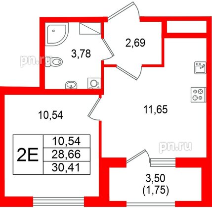 Квартира в ЖК «Гранат», 1 комнатная, 30.41 м², 10 этаж
