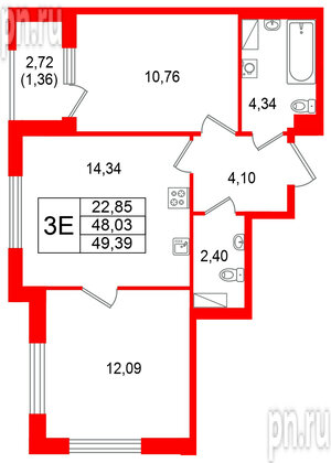 Квартира в ЖК Гранат, 2 комнатная, 49.39 м², 10 этаж