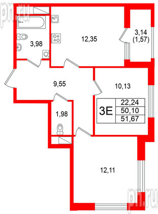 Квартира в ЖК Гранат, 2 комнатная, 51.67 м², 7 этаж