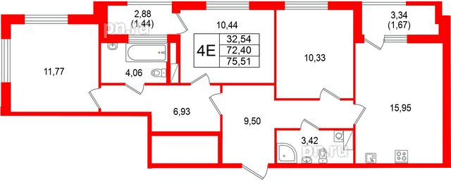 Квартира в ЖК Гранат, 3 комнатная, 75.51 м², 3 этаж
