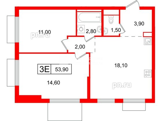 Квартира в ЖК Витебский парк, 2 комнатная, 53.9 м², 3 этаж