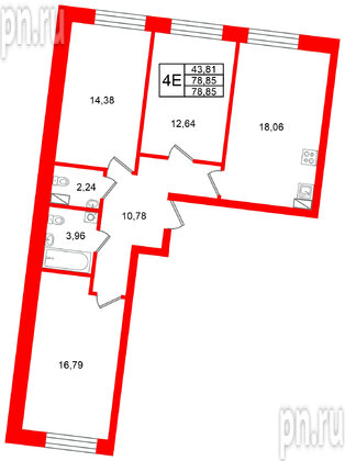 Квартира в ЖК Остров Первых, 3 комнатная, 78.85 м², 6 этаж