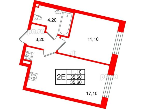 Квартира в ЖК Большая Охта, 1 комнатная, 35.6 м², 3 этаж