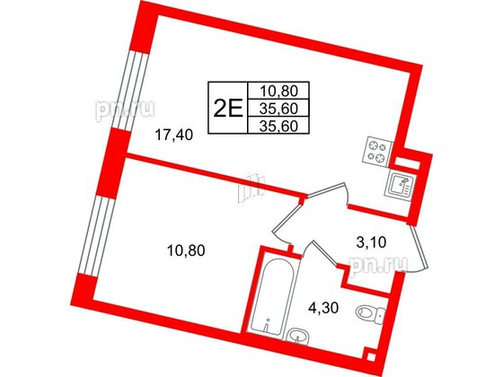 Квартира в ЖК Большая Охта, 1 комнатная, 35.6 м², 3 этаж