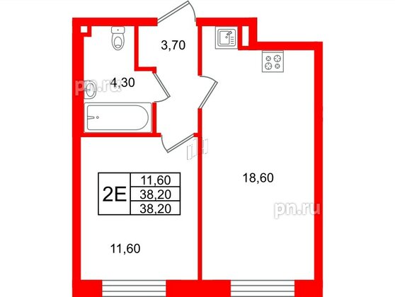 Квартира в ЖК Большая Охта, 1 комнатная, 38.2 м², 3 этаж
