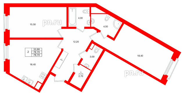 Квартира в ЖК MARIINKA DELUXE, 2 комнатная, 78.7 м², 3 этаж