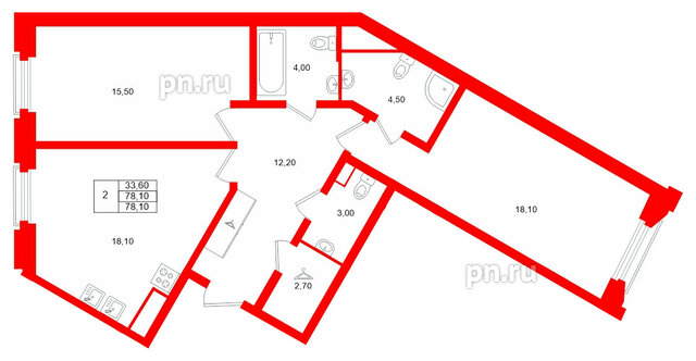 Квартира в ЖК MARIINKA DELUXE, 2 комнатная, 78.1 м², 8 этаж