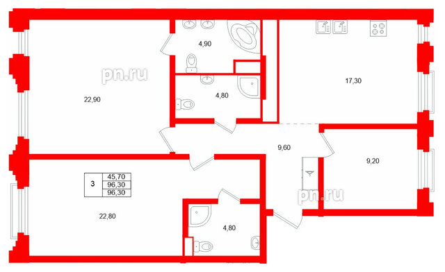 Квартира в ЖК MARIINKA DELUXE, 3 комнатная, 96.3 м², 6 этаж
