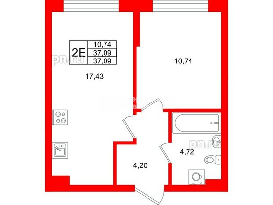 Квартира в ЖК «Охтинские высоты», 1 комнатная, 37.09 м², 1 этаж