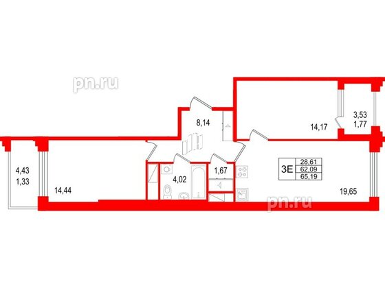 Квартира в ЖК Ассамблея, 2 комнатная, 65.19 м², 7 этаж