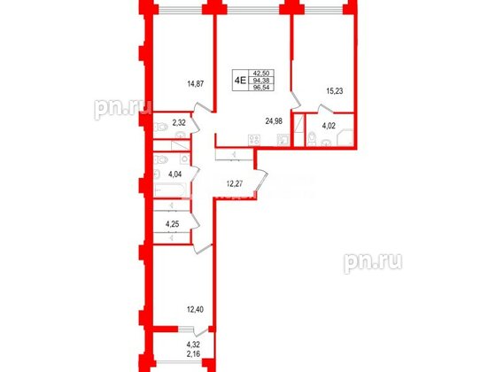Квартира в ЖК Ассамблея, 3 комнатная, 96.54 м², 2 этаж
