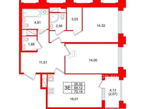 Квартира в ЖК Ассамблея, 2 комнатная, 70.19 м², 4 этаж