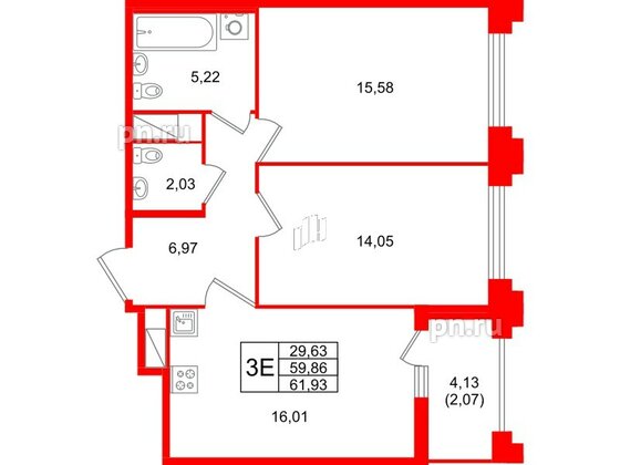 Квартира в ЖК «Ассамблея», 2 комнатная, 61.93 м², 11 этаж