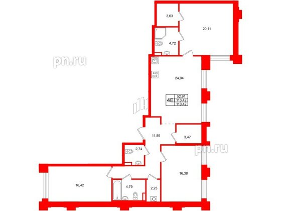 Квартира в ЖК Ассамблея, 3 комнатная, 110.42 м², 1 этаж