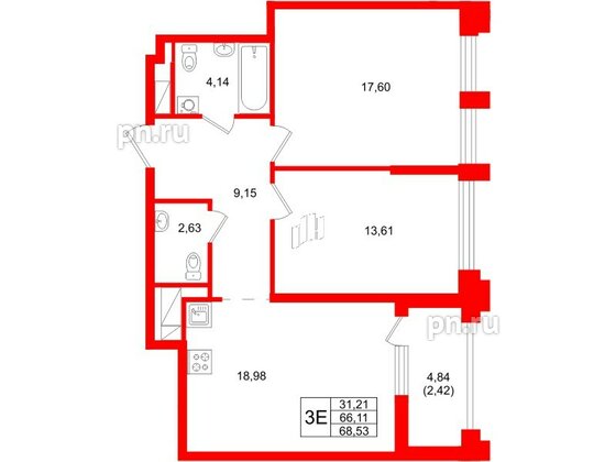 Квартира в ЖК «Ассамблея», 2 комнатная, 68.53 м², 7 этаж