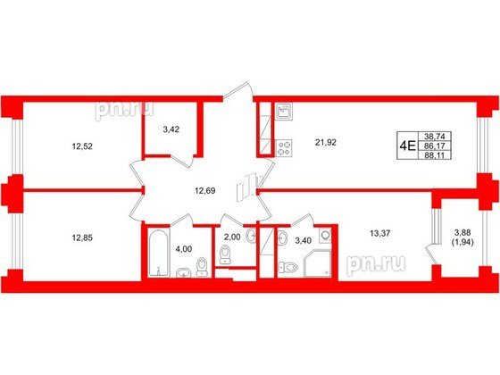 Квартира в ЖК Ассамблея, 3 комнатная, 88.11 м², 4 этаж