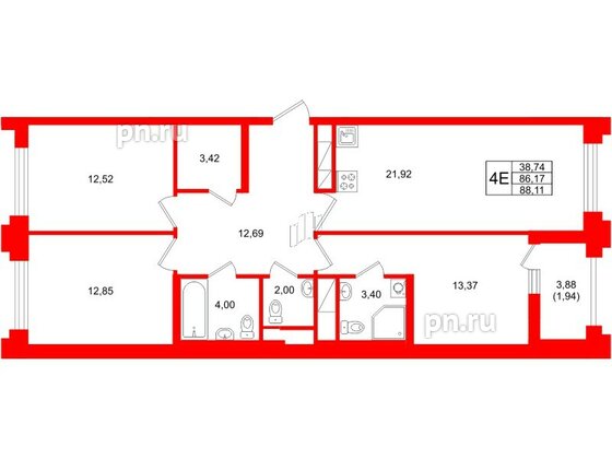 Квартира в ЖК Ассамблея, 3 комнатная, 88.11 м², 11 этаж