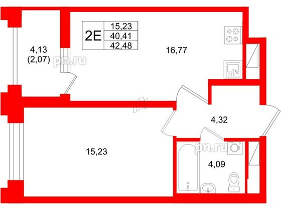 Квартира в ЖК Ассамблея, 1 комнатная, 42.48 м², 3 этаж